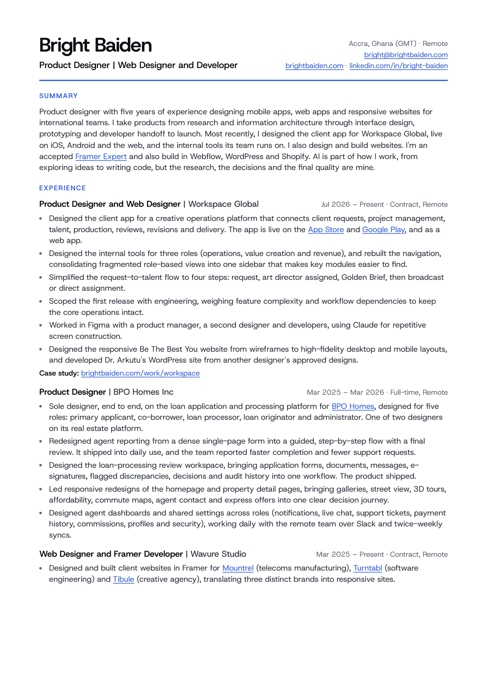 Page one of Bright Baiden's CV.