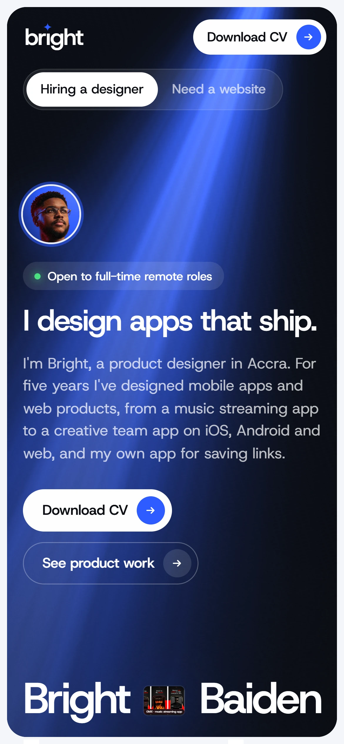 The brightbaiden.com home page on a phone.