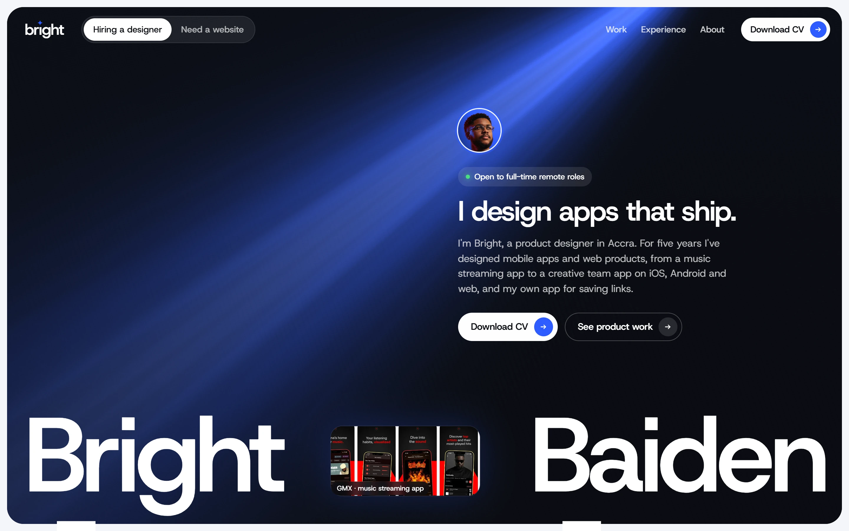 The brightbaiden.com home page: I design apps that ship.
