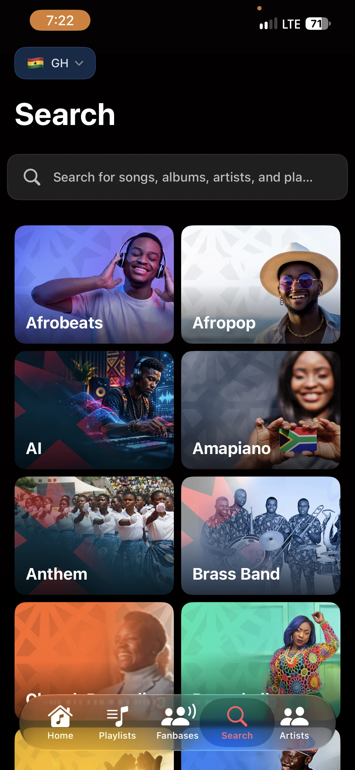 Live search: genre tiles for Afrobeats, Afropop, AI, Amapiano, Anthem and Brass Band.