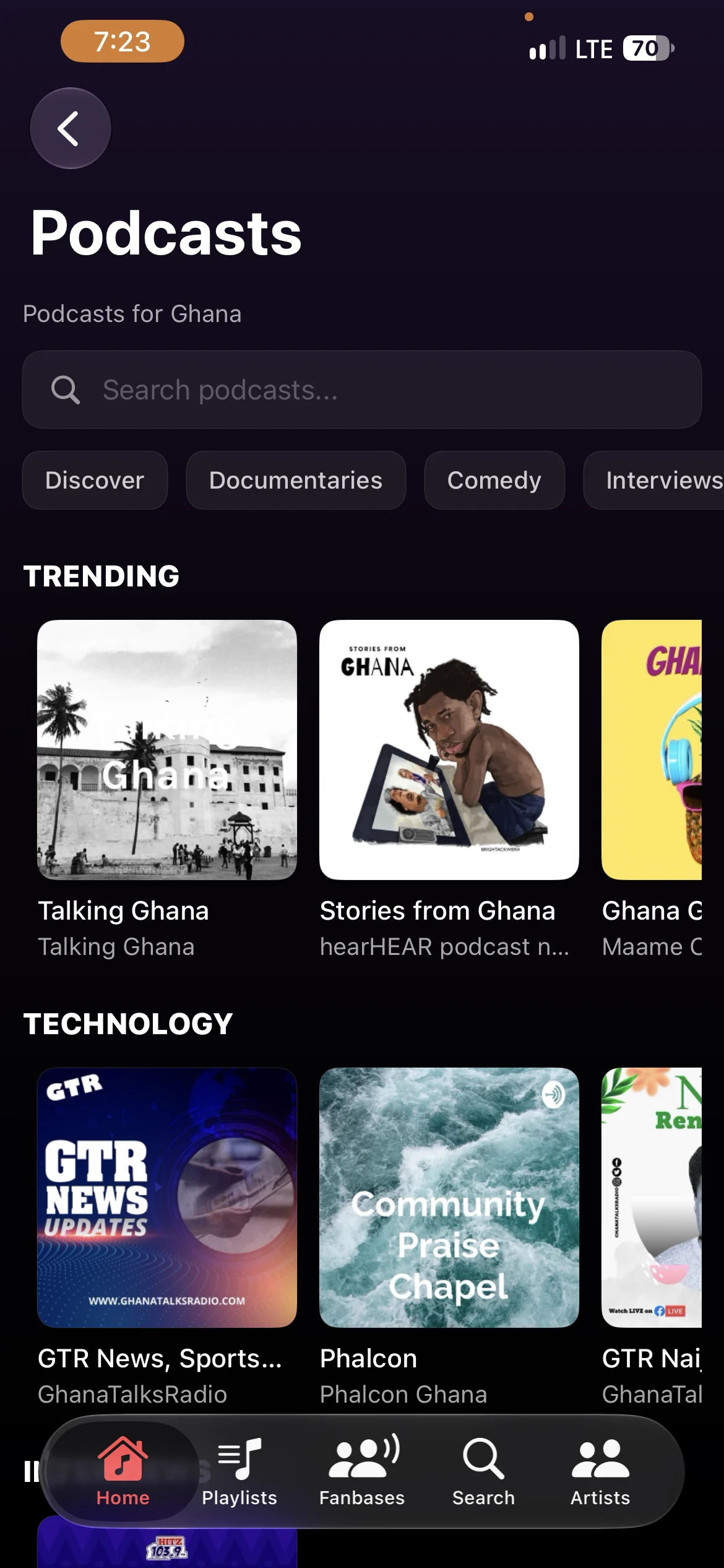Live podcasts for Ghana: Discover, Documentaries, Comedy and Interviews, with trending and technology shows.