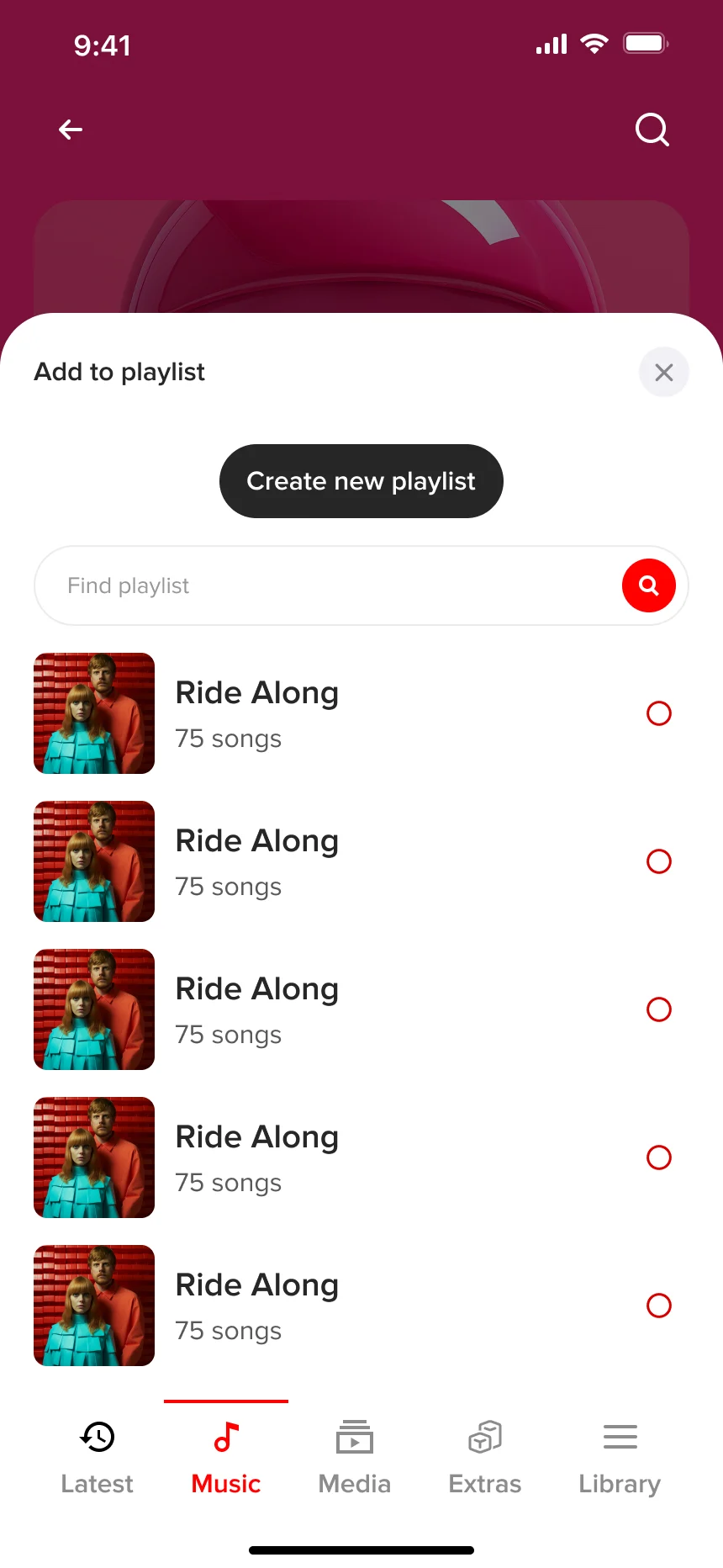 My design: the Add to playlist sheet with Create new playlist, Find playlist and a list to tick.