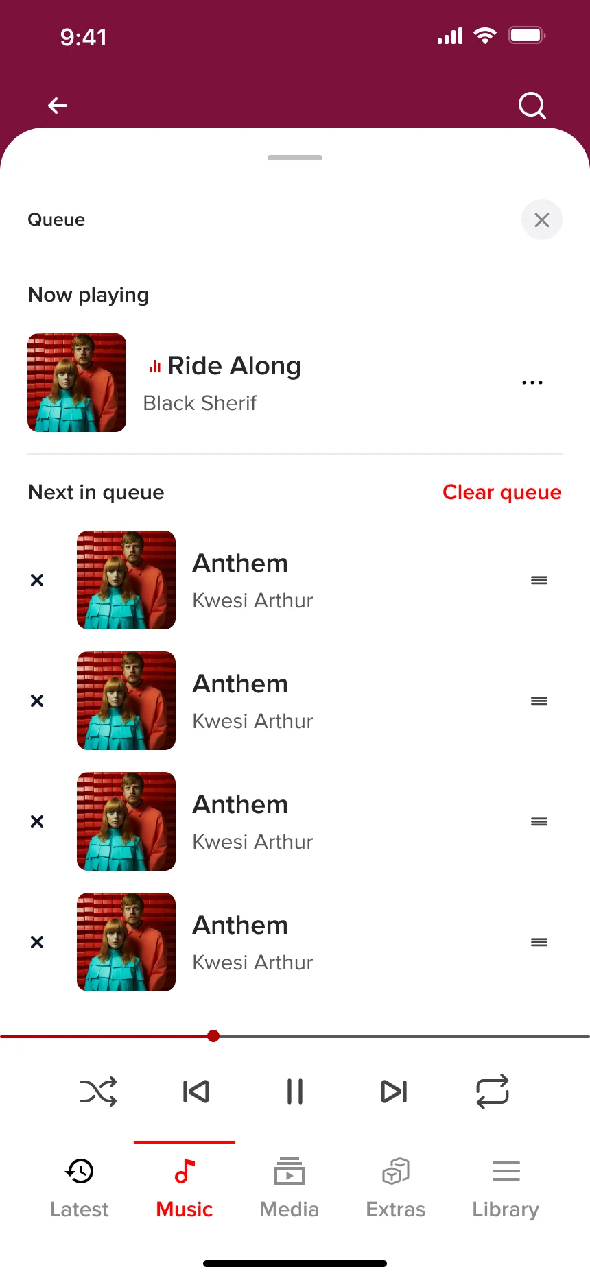 My design: the queue sheet, now playing on top and the next songs below, with Clear queue.