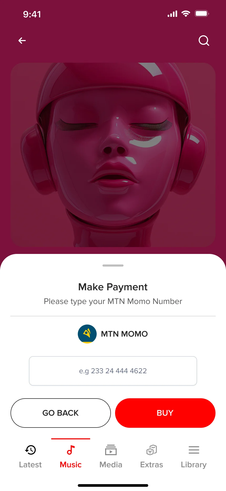 Make payment: type your MTN MoMo number, with Go back and Buy.