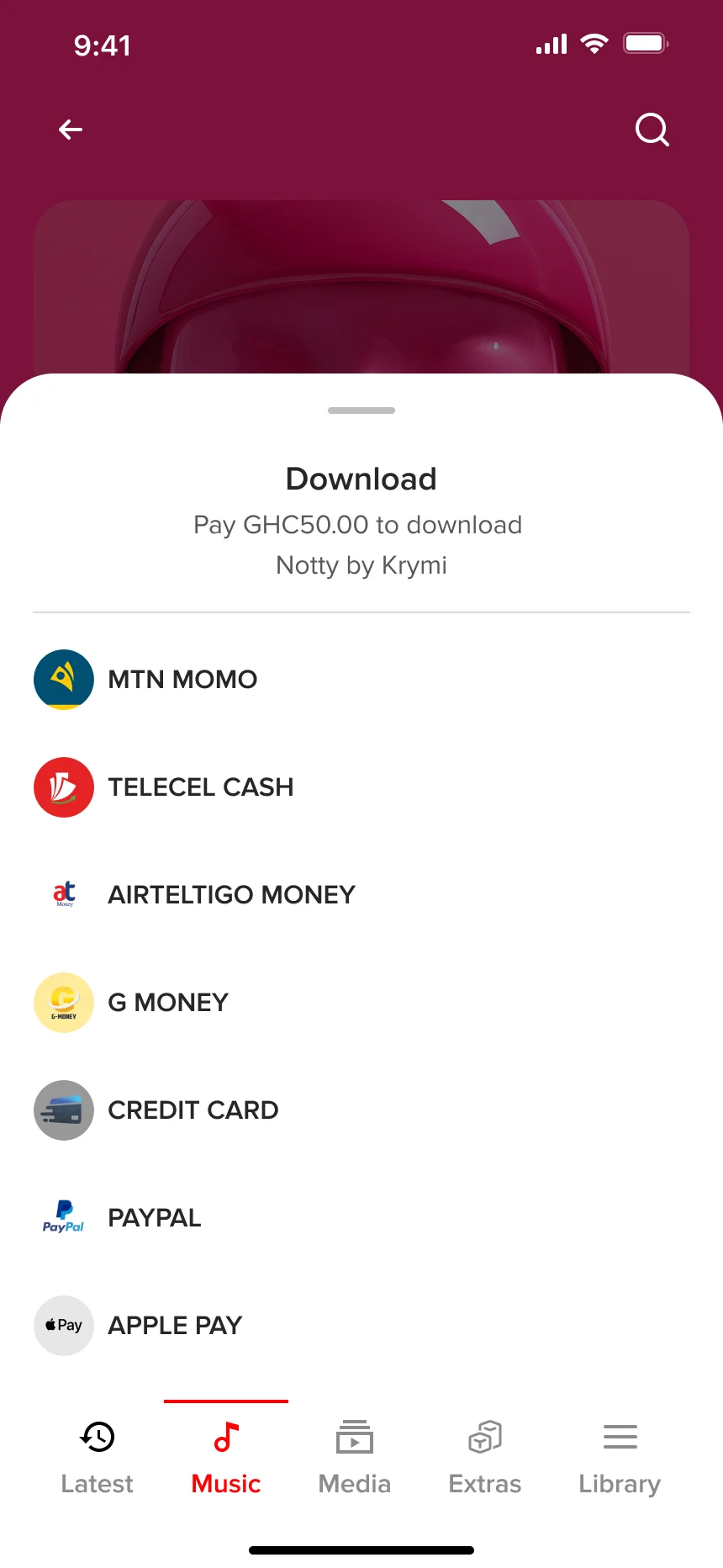 Download: pay GHC50.00, with MTN MoMo, Telecel Cash, AirtelTigo Money and G Money listed before card, PayPal and Apple Pay.