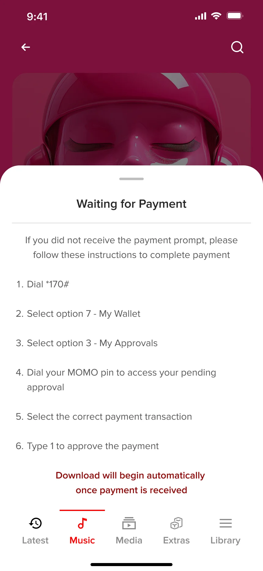 Waiting for payment: six steps to approve it by dialling *170#, and the download starts once payment is received.