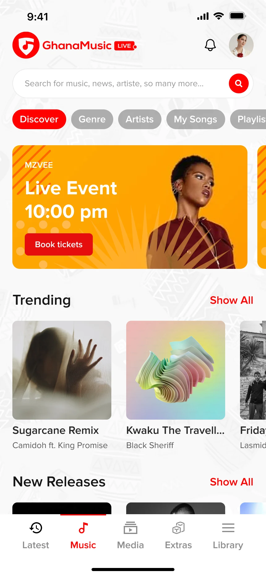 The Music tab: a live event banner, trending songs and new releases from Ghanaian artists, with Discover, Genre, Artists and My Songs filters.