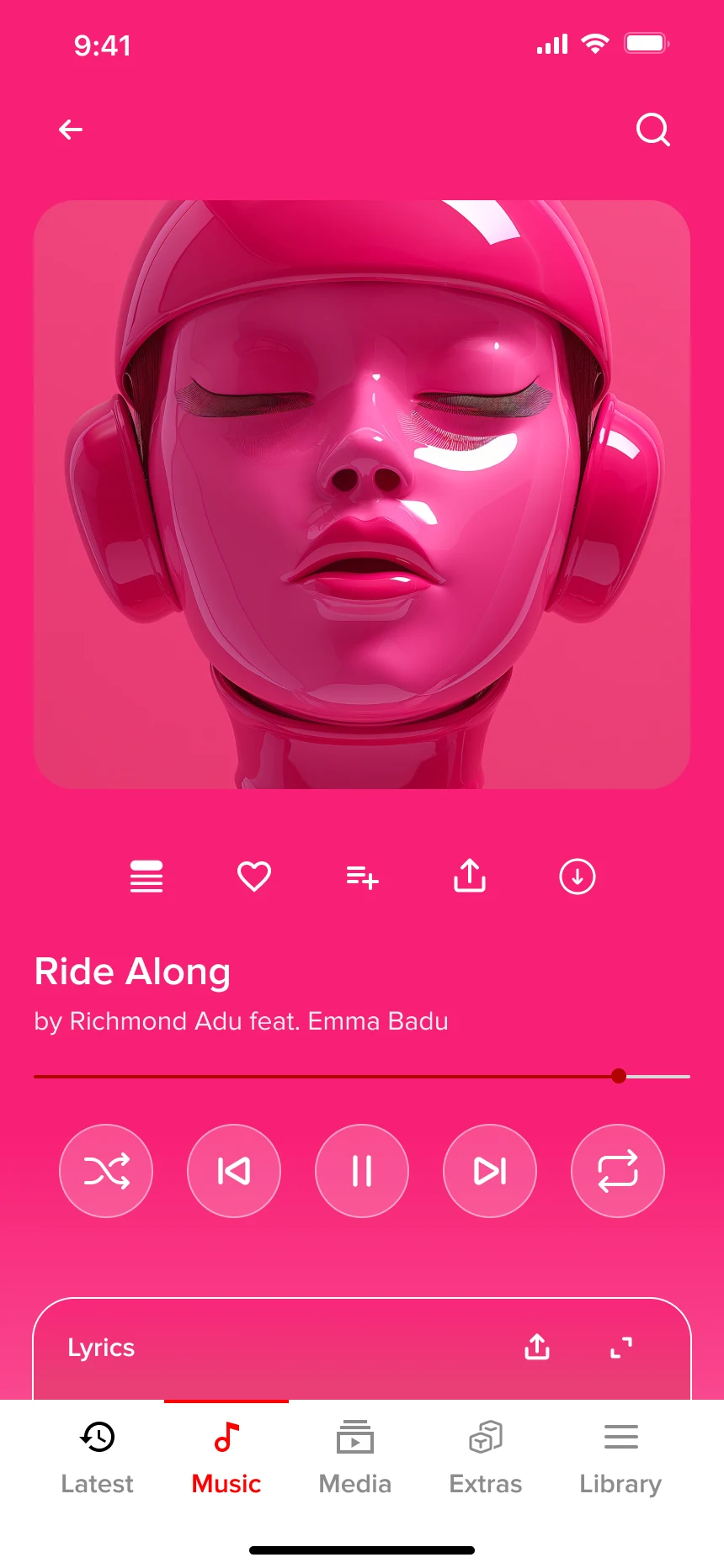 The player: Ride Along by Richmond Adu featuring Emma Badu, on a pink cover, with queue, favourite, add to playlist, share and download, the controls and lyrics.