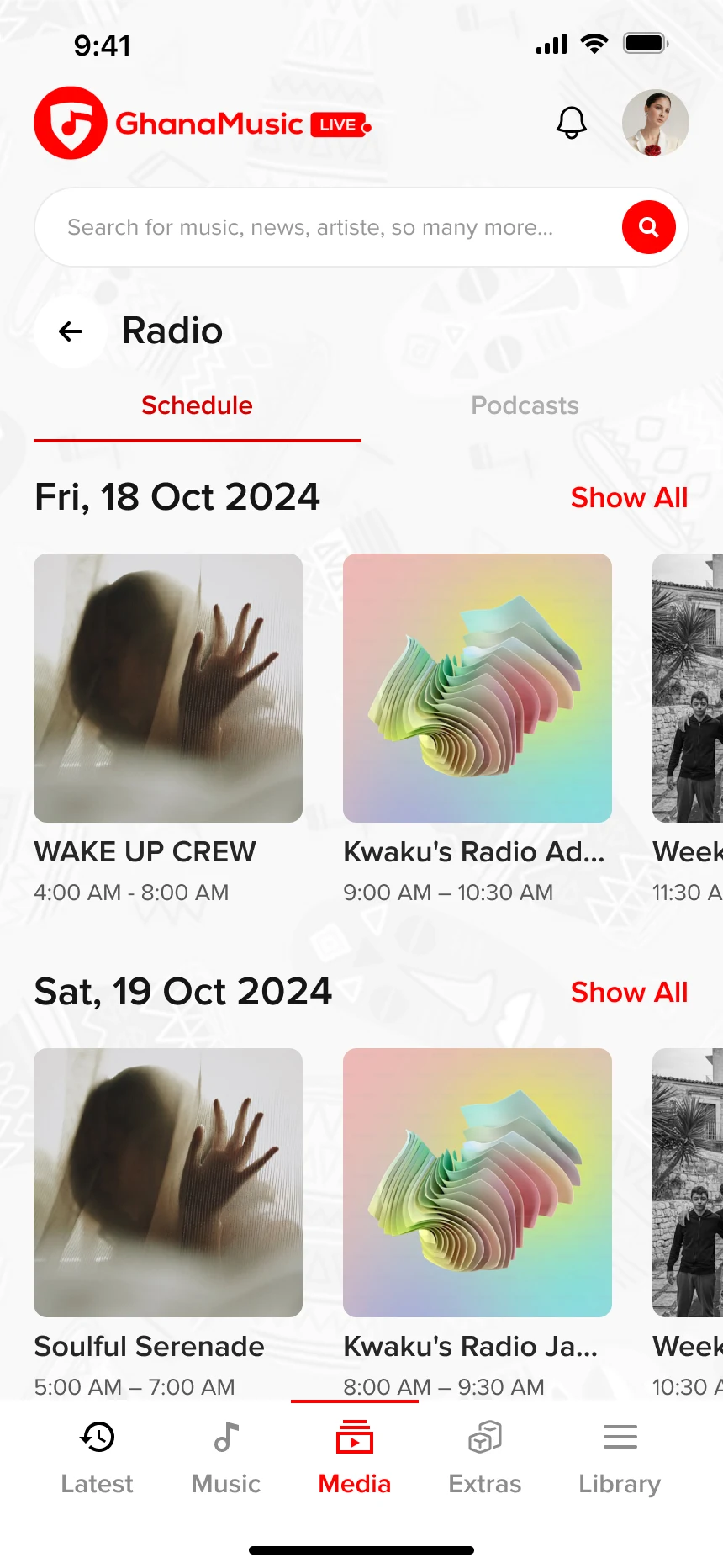 The radio schedule in the Media tab: shows by day, such as Wake Up Crew and Kwaku's Radio Adventure on Friday 18 October, with their times.
