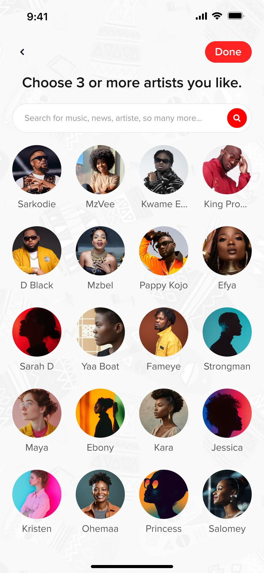 Choose 3 or more artists you like: a grid led by Sarkodie, MzVee, Kwame Eugene, King Promise, D Black, Mzbel, Pappy Kojo and Efya.