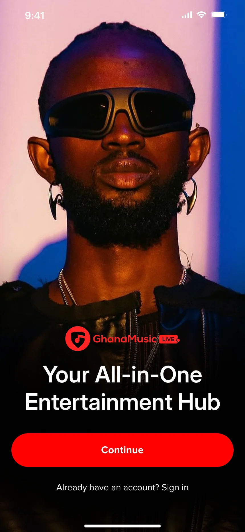 The first screen: Ghana Music Live, your all-in-one entertainment hub, with Continue and Sign in.