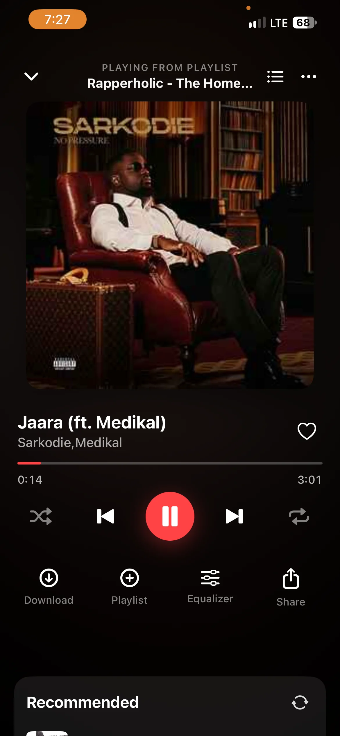 The live app: the player for Jaara by Sarkodie and Medikal, with the cover, progress bar, controls, and Download, Playlist, Equalizer and Share.