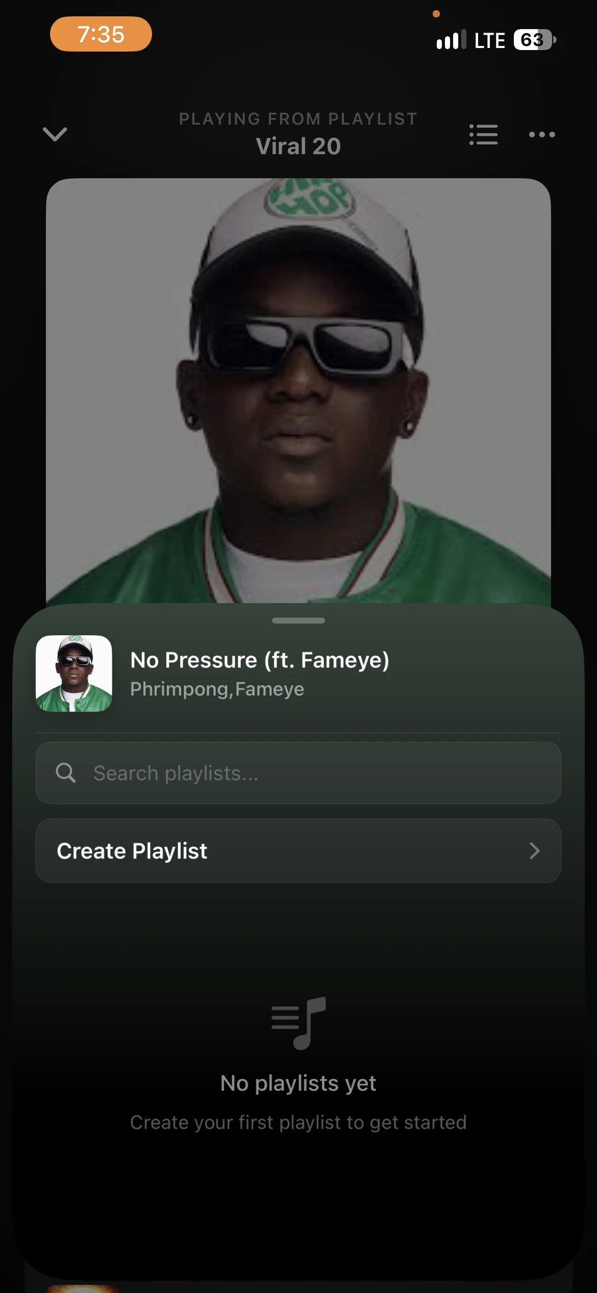 The live app: the add to playlist sheet with Search playlists, Create Playlist and an empty state.