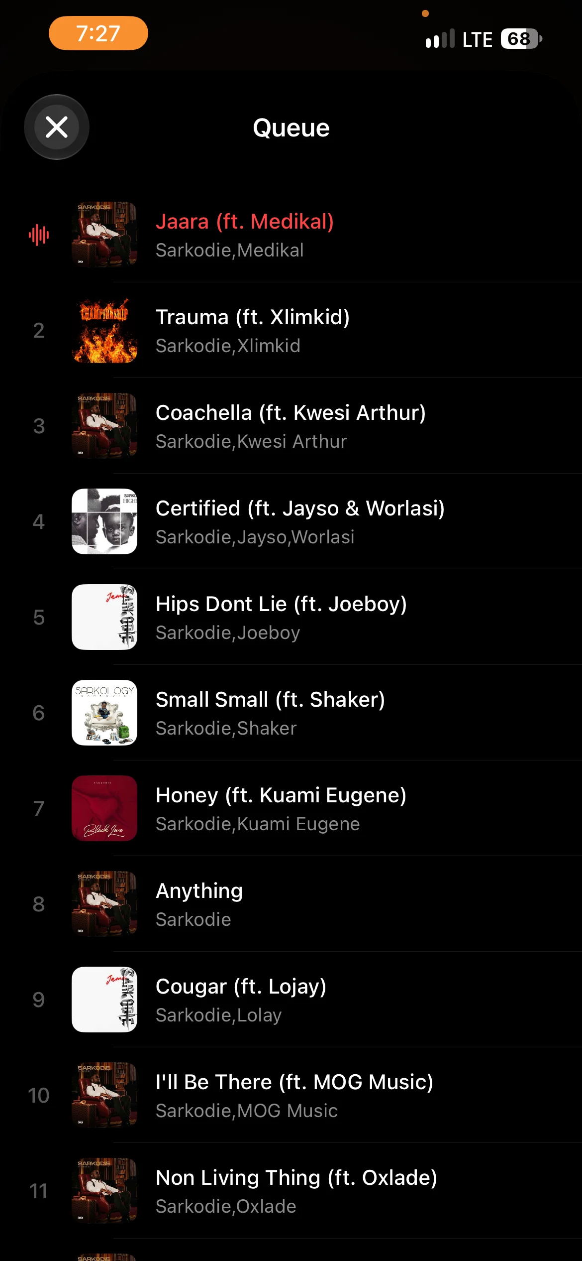 The live app: the queue, the playing song highlighted on top and the next songs numbered below.