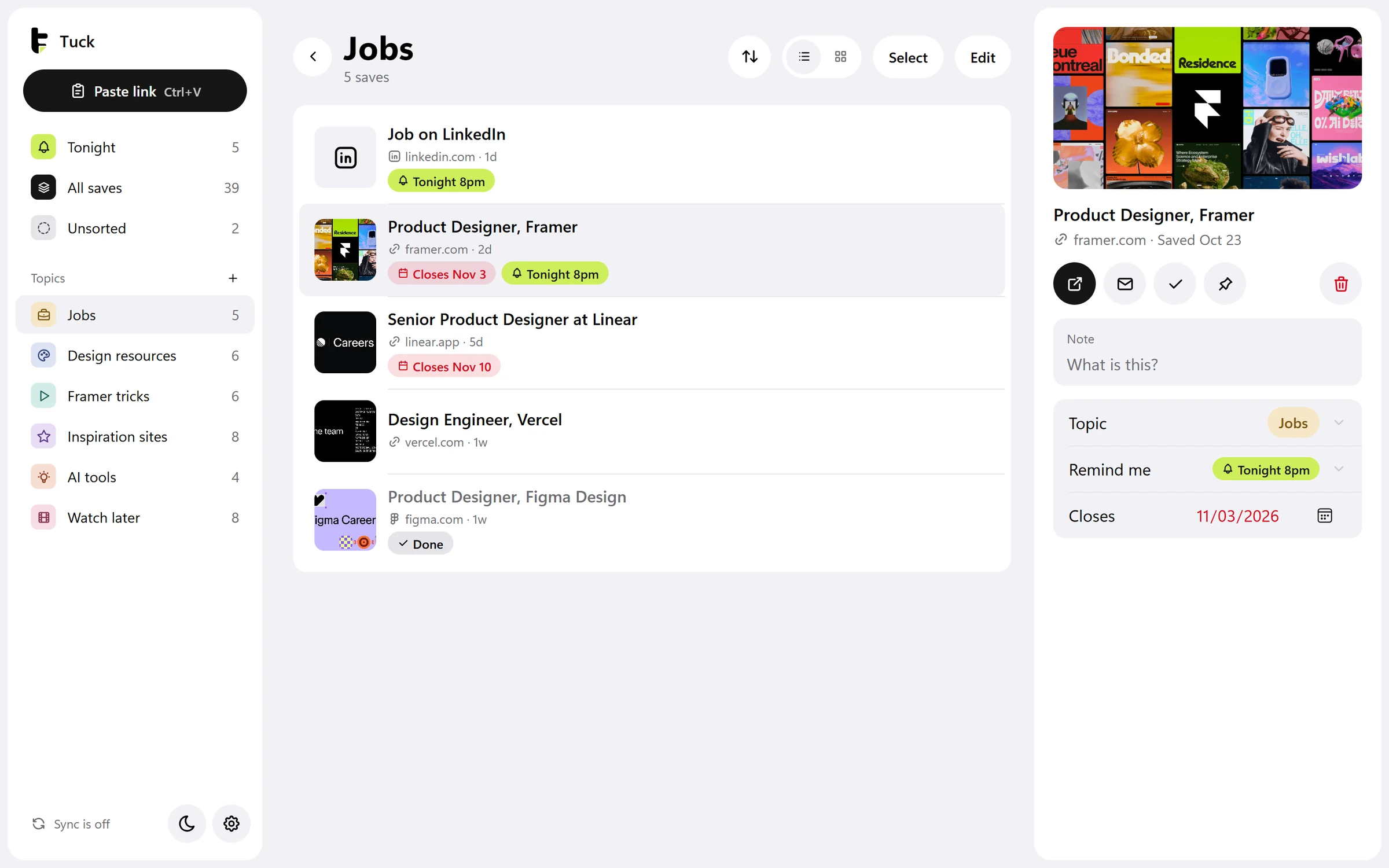 Tuck for Windows, the Jobs topic: a LinkedIn job shown as Job on LinkedIn, the Framer job with Closes Nov 3 and Tonight 8pm, Linear and Vercel jobs, and a Figma job marked done. The Framer job's details are open on the right.