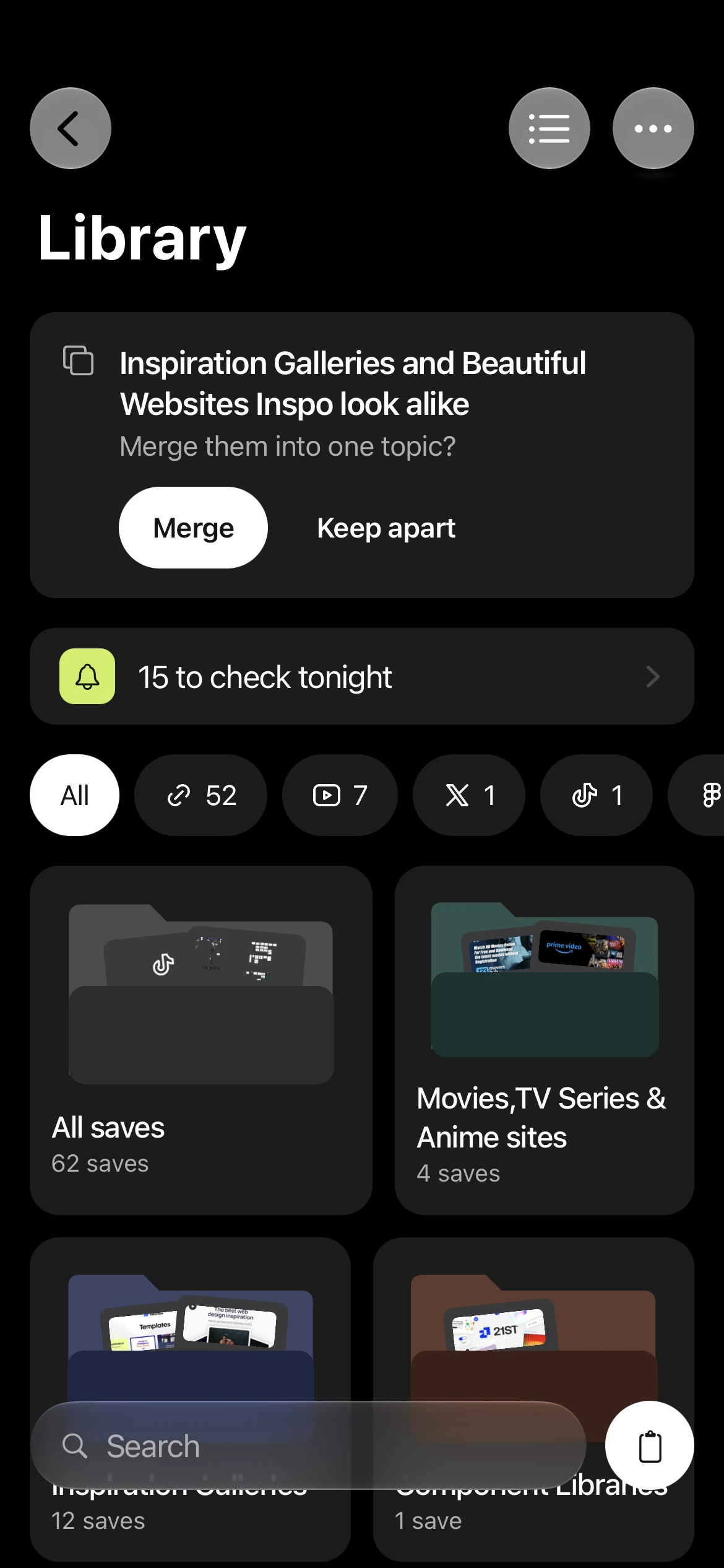 The Library: a card asking to merge two look-alike topics, 15 to check tonight, filters by source, and topic folders such as All saves with 62 saves.