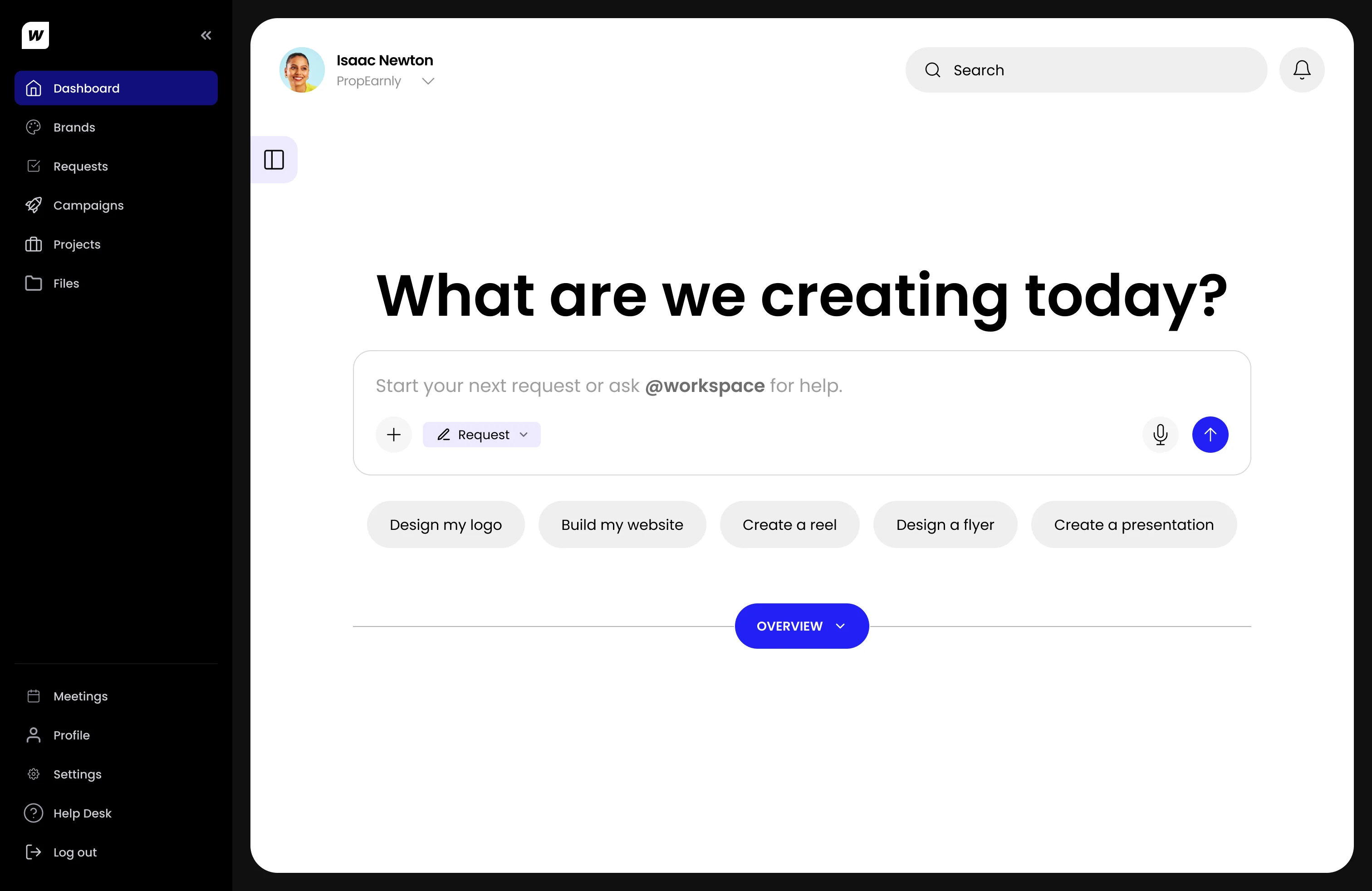 Workspace dashboard on desktop: the composer asks “What are we creating today?” with quick picks such as Design my logo and Build my website.