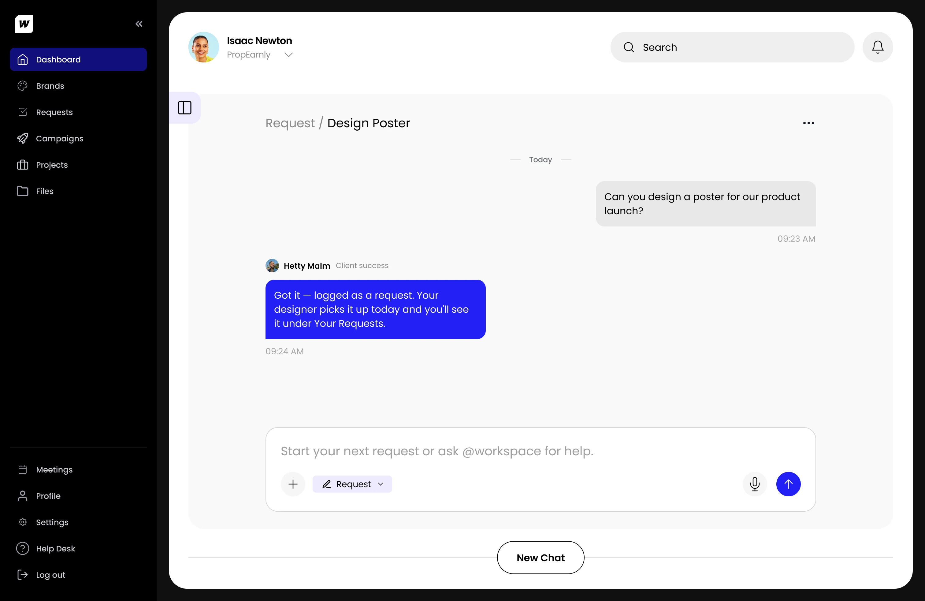 The same screen after a client asks for a launch poster: client success replies that it is logged as a request.