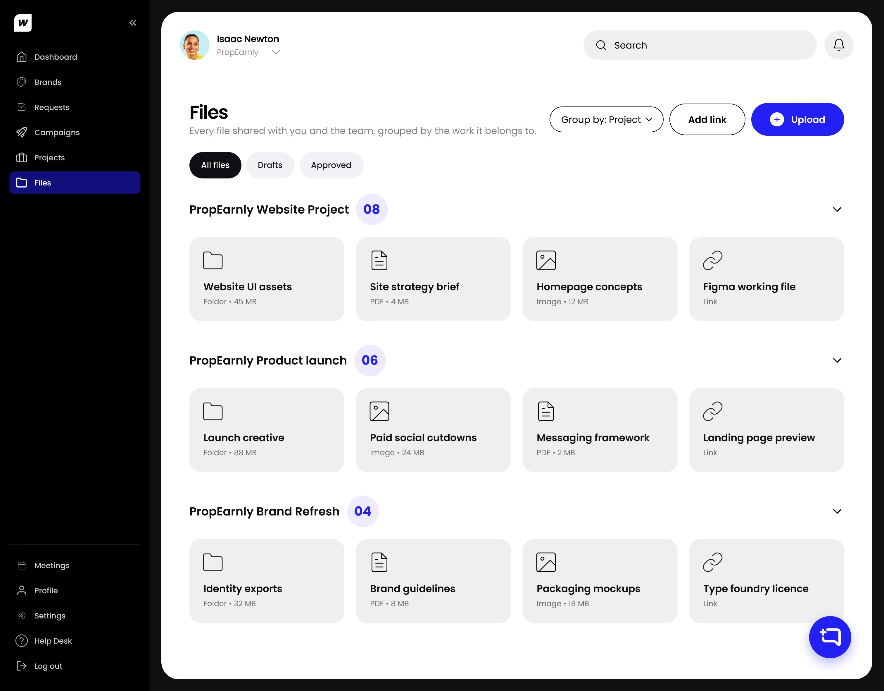 After: the same Files page with All files, Drafts and Approved under the title.