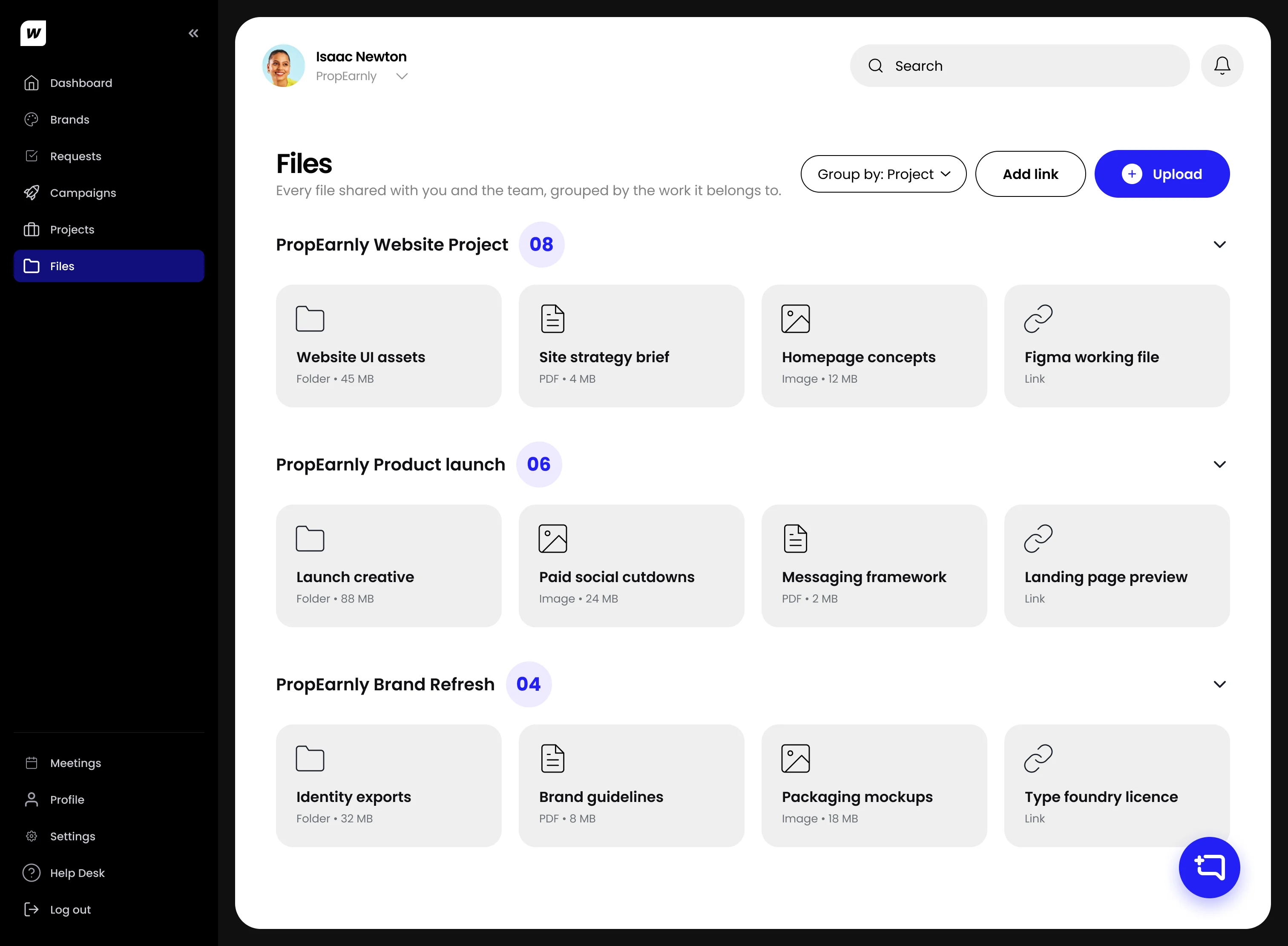 Before: the Files page, grouped by project, with no way to see drafts.