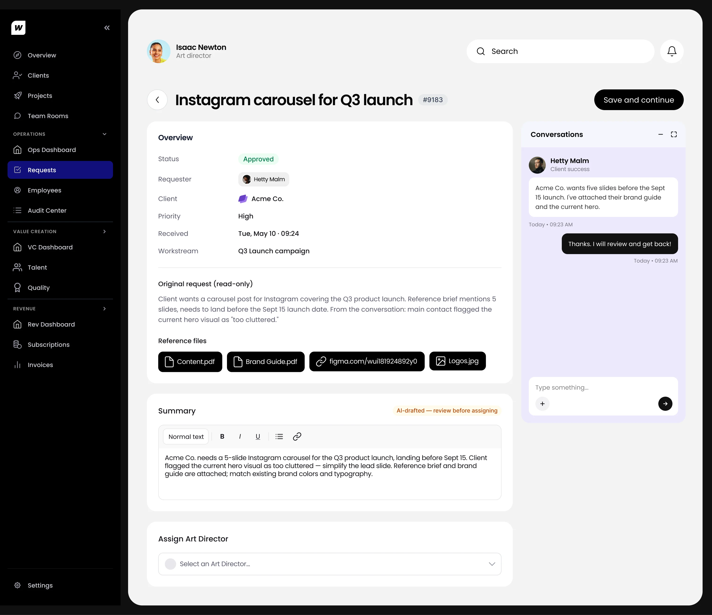 The request page for an Instagram carousel: overview, the original request, an AI-drafted summary flagged for review, and Assign Art Director.