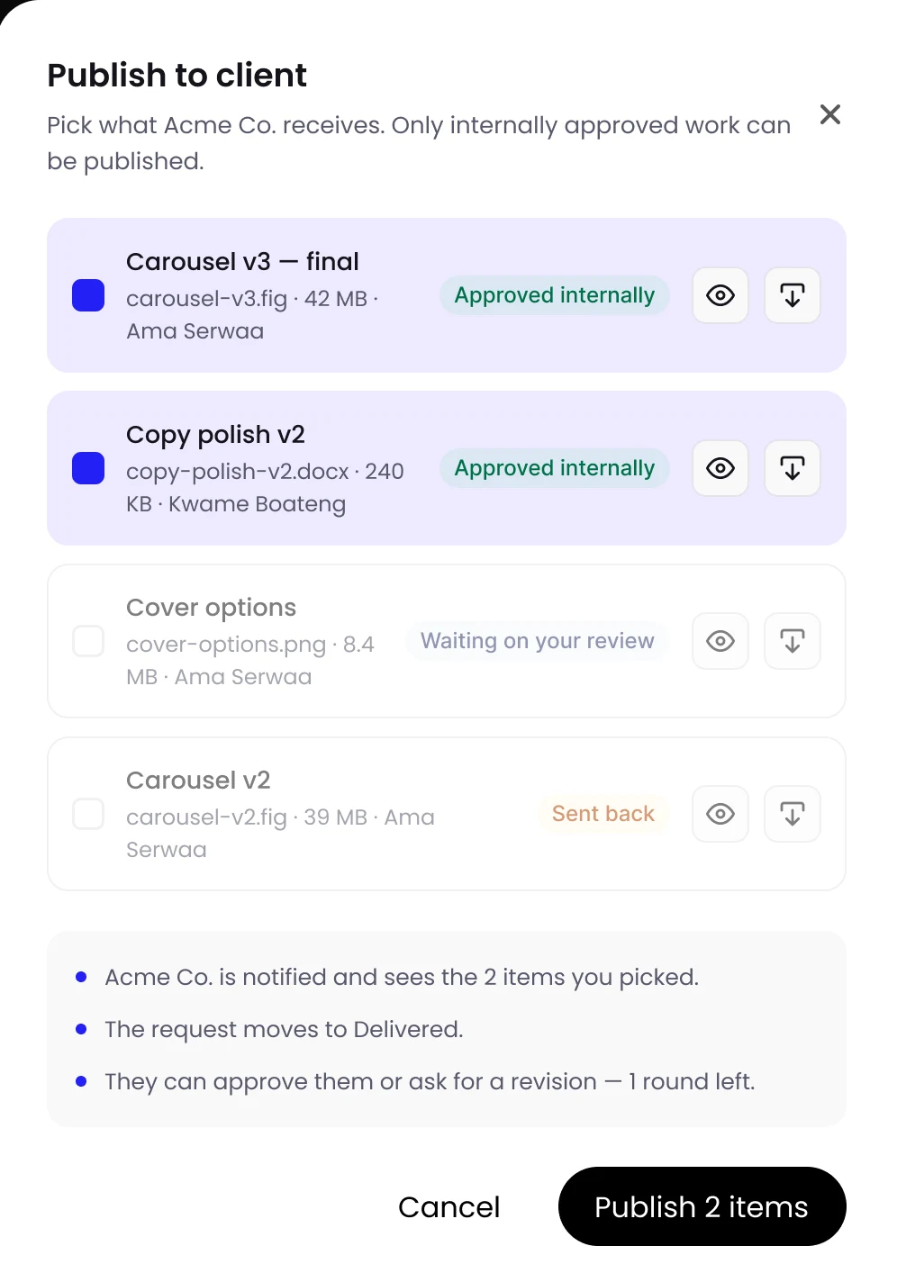 Close-up: Publish to client, with the two internally approved files ticked and Publish 2 items.