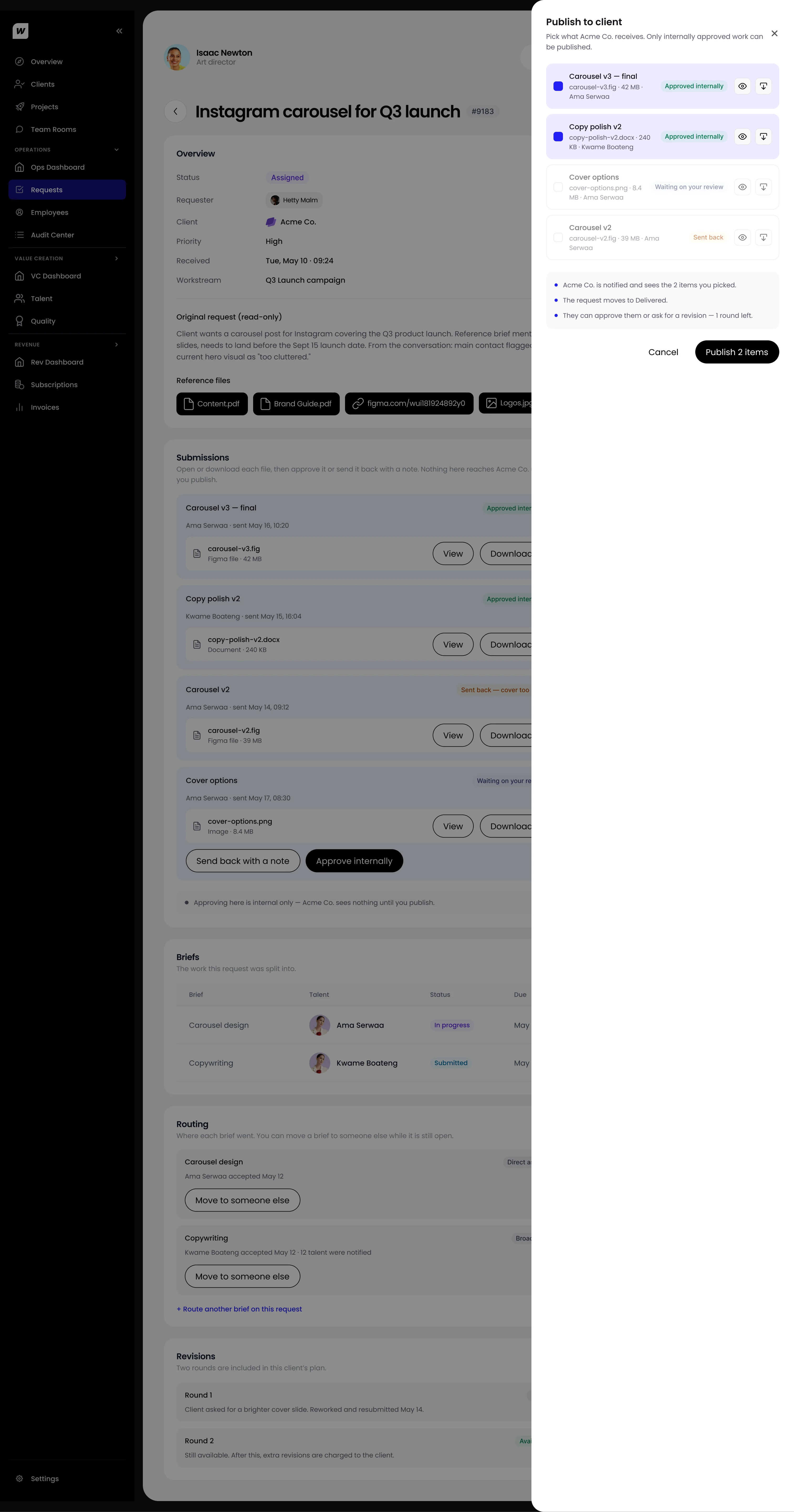 The Publish to client panel open over the request page.