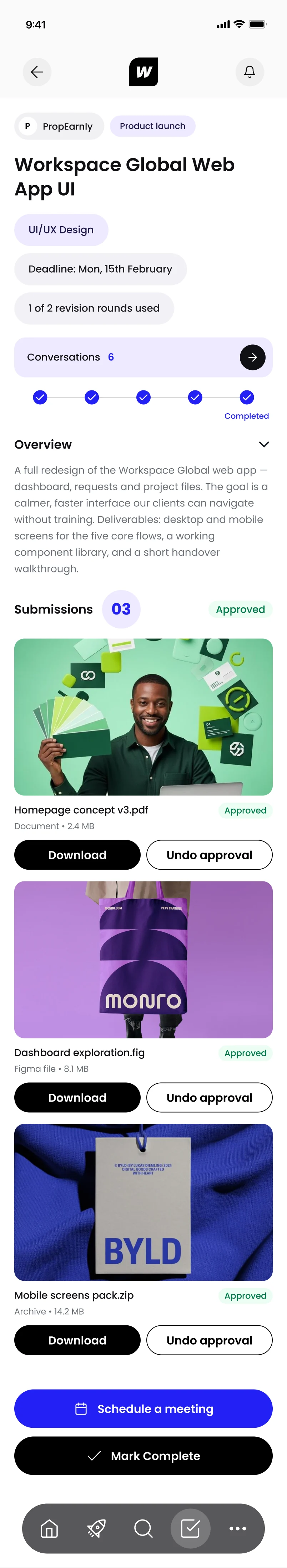 The completed request on a phone, every file approved with Download.