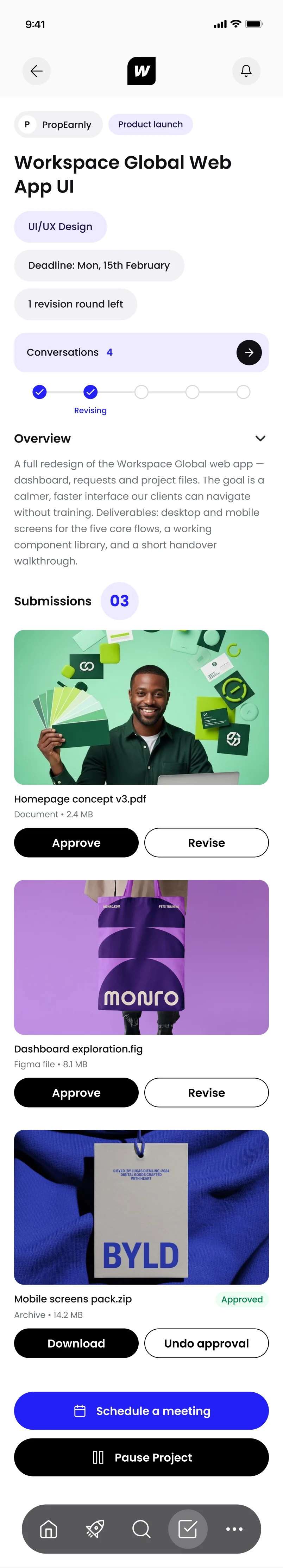 The request in review on a phone: the same files with Approve and Revise, and the conversation one tap away.