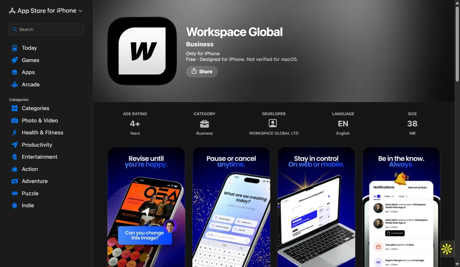 The Workspace Global listing on the App Store for iPhone: Business category, developer Workspace Global Ltd, with screenshots titled Revise until you're happy and Stay in control on web or mobile.
