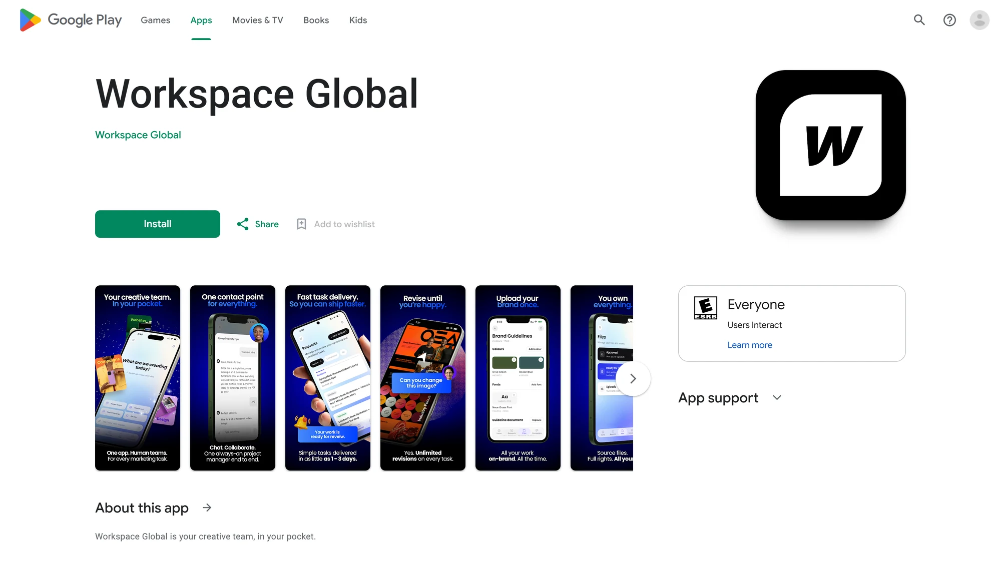 The Workspace Global listing on Google Play, with an Install button and screenshots titled Your creative team, in your pocket and Revise until you're happy.