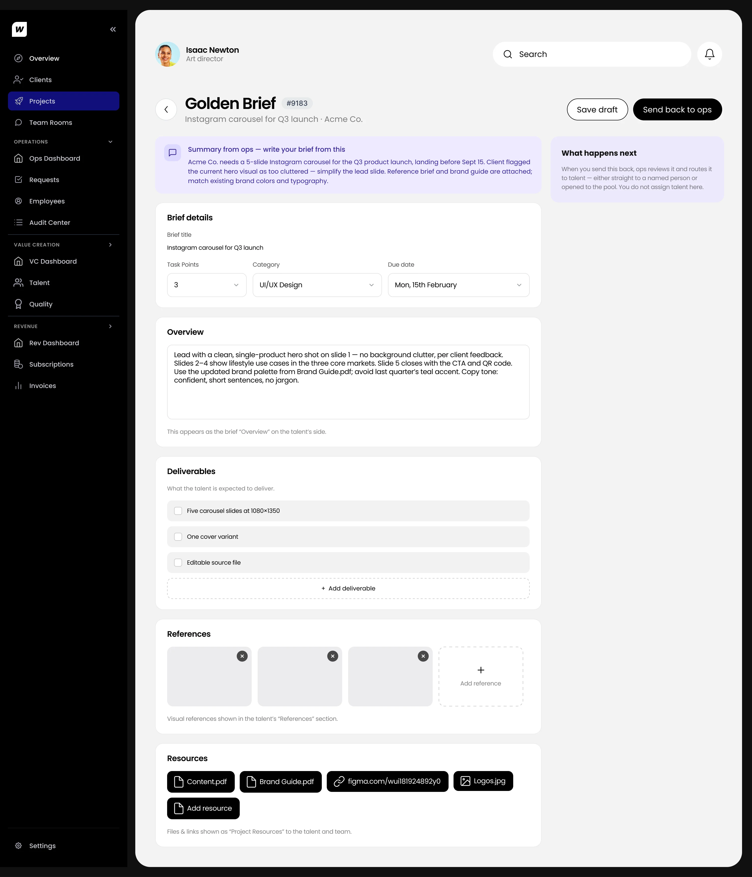 The Golden Brief form for an Instagram carousel: summary from operations, brief details, overview, deliverables, references and resources.