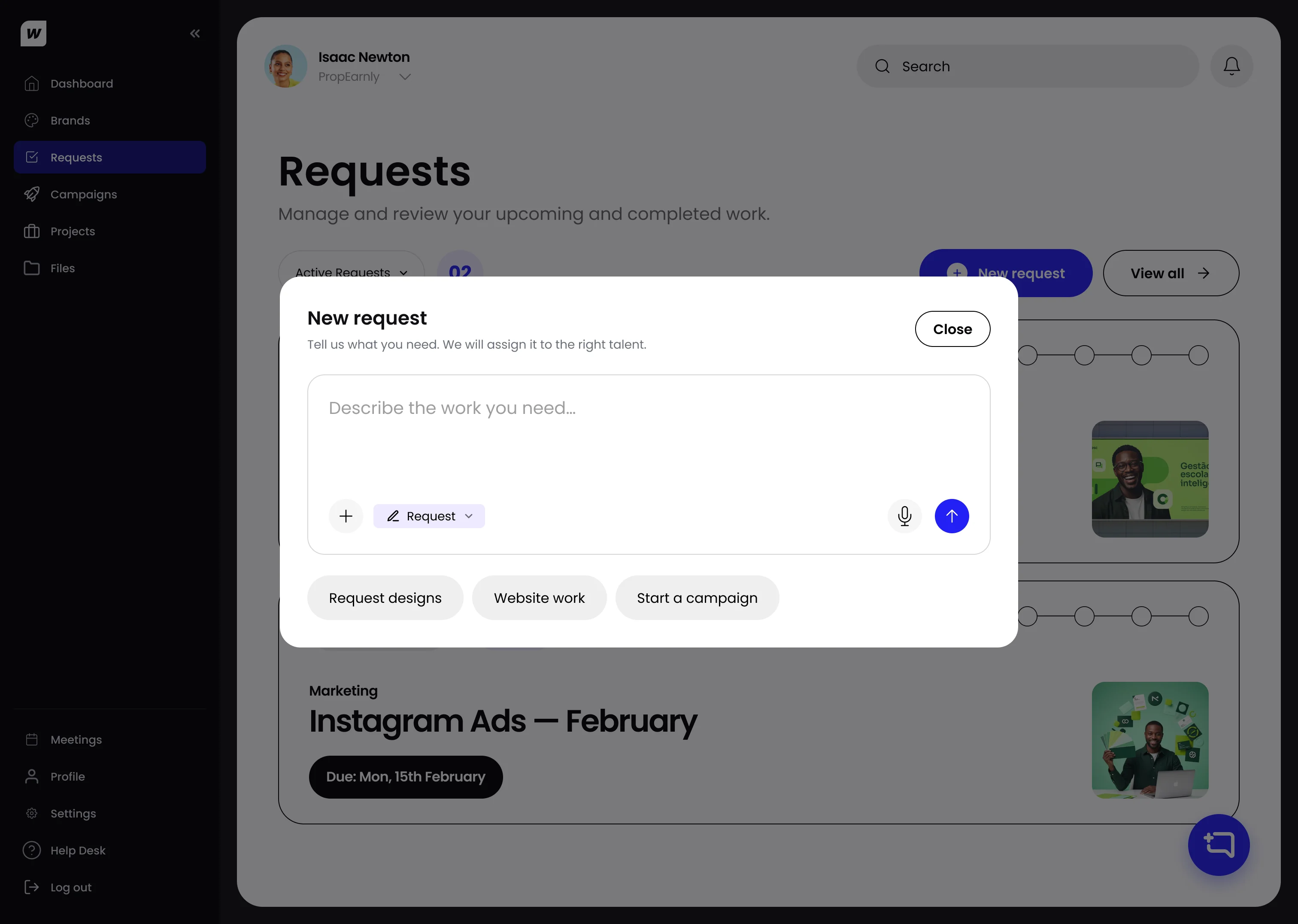 The client's Requests page with the New request box open: Describe the work you need, with quick picks for designs, website work and campaigns.